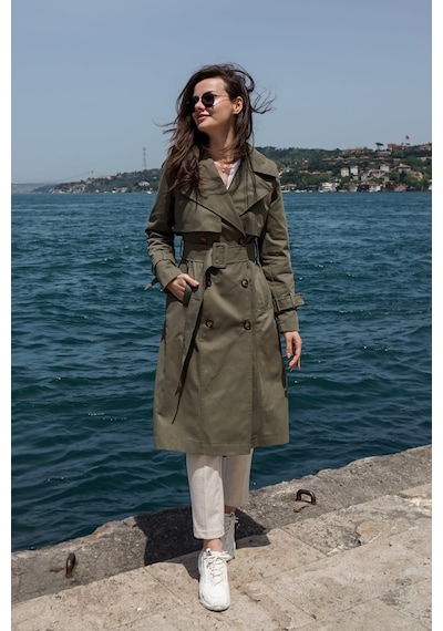 Pastelastore %100 Pamuk Gabardin Uzun 110cm Astarlı Kemerli Kadın Trençkot 1111 Haki