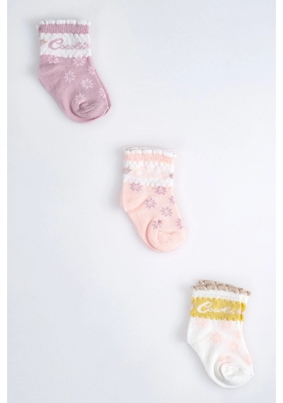 Cocole Socks Kız Çocuk Soket Çorabı 3 Lü Set Pamuklu Özel Logolu Seri & Çiçekli Desenli Çok Renkli
