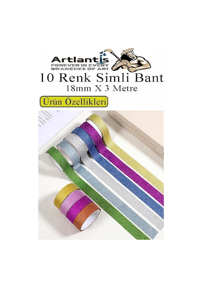Renkli Simli Bant 10 Adet 1 Paket 10 Lu Simli Holgramlı Metalik Hobi Işıltılı Bantı Hediye Dekoratif 10 Rulo