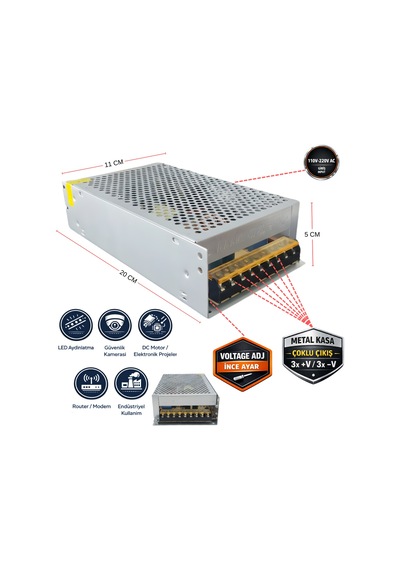 Peace B2882 12v 20a 250w Kalın Metal Kasa Dc Adaptör Endüstriyel Güç Kaynağı