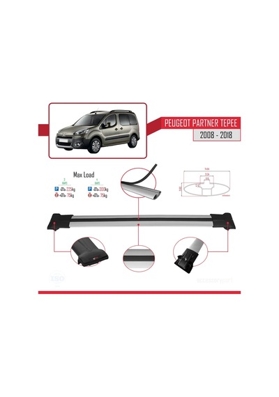 Peugeot Partner Tepee 2008-2018 Arası İle Uyumlu Fly Model Ara Atkı Tavan Barı Gri 4 Adet Bar