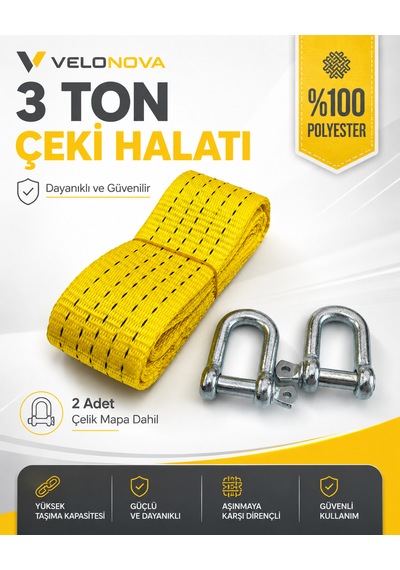 3 Ton Sarı Çekme Halatı 3 Metre 5 Cm Genişlik 2 Adet Çelik Mapa Dahil %100 Polyester Araç Kurtarma Halatı