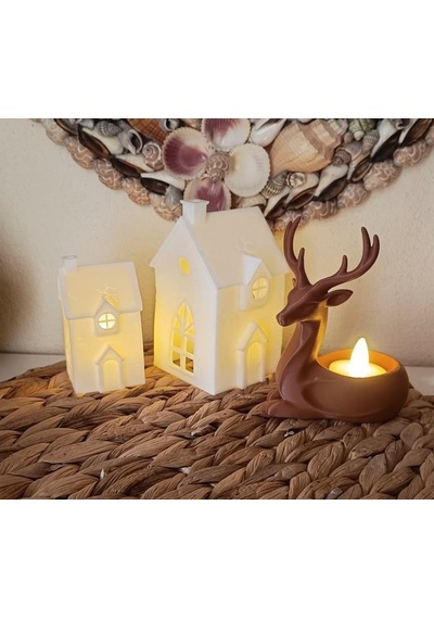 Kış Evleri Geyik Mumluk Noel Yılbaşı Süsü Dekoratif Biblo Tealight Mumluk Seti Mumlar Dahildir