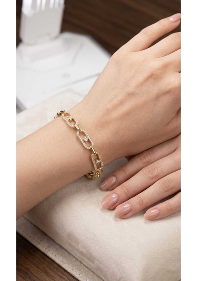 Modern Tasarım Zirkon Taşlı Altın Kaplama Zincir Bileklik 18 Cm Gold