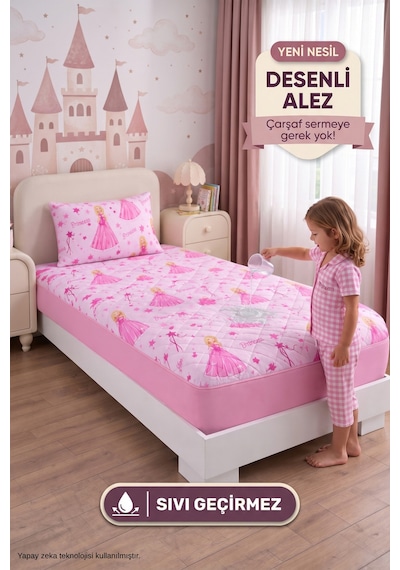 Prenses Desen Tek Kişilik Kapitone Fitted Su Sıvı Geçirmez Yatak Alezi Seti 1 Adet Yastık Kılıflı Pembe