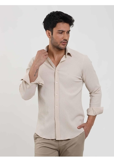 Dufy Bej Erkek Slim Fit Gofre Desenli Brent Yaka Uzun Kol Gömlek - 104810-bej Bej
