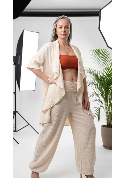 Byemelika %100 Pamuk, Bürümcük, Lastik Detay, Bohem Lidya Kaftan Bej