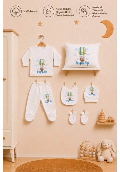 Pia Baby İsimli Erkek Bebek Zıbın Şapka Önlük Eldiven Ve Yastık Kılıfı %100 Pamuk Organik Baskılı 2038yzyx Ekru