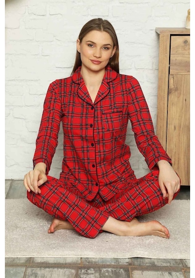 Farya Home Dreamy Ekoseli Pamuklu Biyeli Uzun Kollu Gömlek Pijama Takımı Kırmızı Ekose Kırmızı