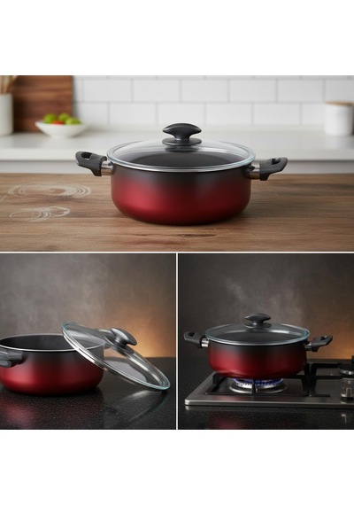 Deconox Safir 22 Cm Derin Tencere Kırmızı Siyah Yanmaz Yapışmaz Cam Kapaklı Çorba Ve Yemek Tenc