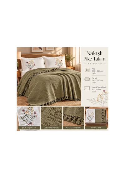 Slc Home %100 Pamuk Çift Kişilik Nakışlı Lüx Pike Takımı 4 Parça Yatak Örtüsü Yeşil - 940022528 Yeşil