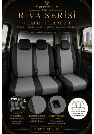 Citroen Berlingo 2004-2018 Uyumlu Riva Serisi 2+1 Ticari Gri Siyah Ortopedik Koltuk Kılıfı