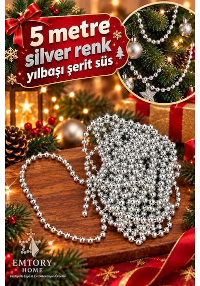 5 Metre Silver Şerit Toplu Yılbaşı Ağaç Süsü - Yılbaşı Dekor - Yılbaşı Süsleme Boncuk Şerit 6mm Diğer