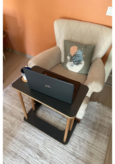 Ahşap Ayaklı Ahşap Tabla C-sehpa Zigon Yan Koltuk Laptop Servis Sehpası Zigon Antrasit Gri 35x60 Antrasit