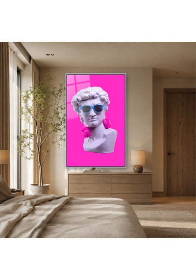 Gözlüklü Ve Kulaklıklı Pop Art Büst Gümüş Çerçeveli Cam Tablo