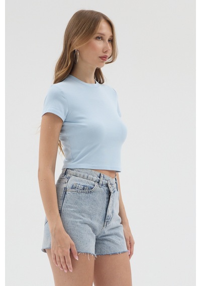Urbantrendstore Kadın Bisiklet Yaka Likralı Kısa Kol Body Crop Bluz Günlük Şık Sade Yazlık Casual Crop Kadın Crop Mavi