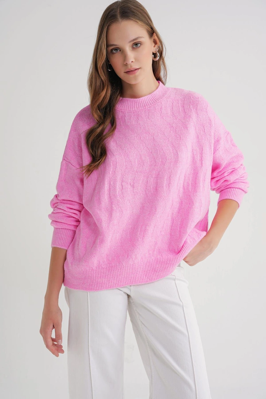 Mixray 6947 Kadın Kendinden Desenli Oversize Triko Kazak Pembe
