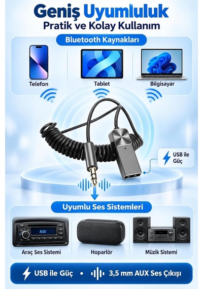 Bluetooth 5.1 Alıcı Usb Aux 3.5 Mm Çok Fonksiyonlu Kablosuz Araç Kiti Telefon Konuşma Müzik Dinleme