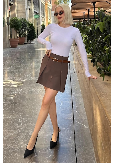 Madmext Kahverengi Pileli Kemerli Şortlu Kadın Etek Mg2247