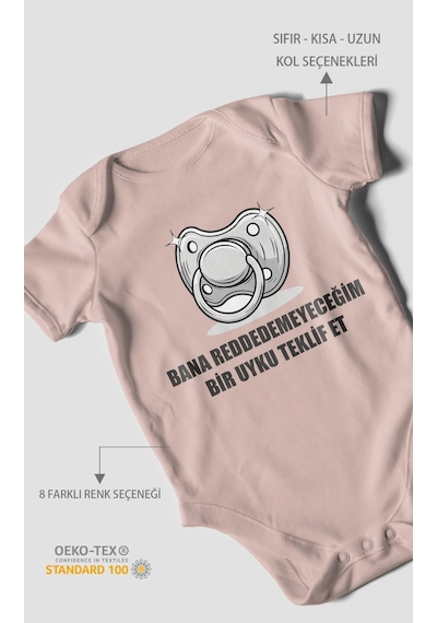 Bana Reddedemeyeceğim Bir Uyku Teklif Et Baskılı Bebek Zıbını Çıtçıtlı Body 8 Renk %100 Pamuk Kısa Kol Pastel Pembe