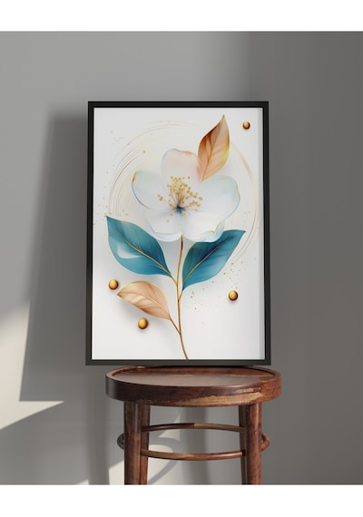 Tablo Ahşap Çerçeveli Tablo Çerçeveli Poster Mavi Yapraklı Badem Çiçeği, Çiçek Temalı Tablo