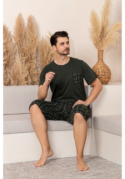 Nisanca Sportif %100 Pamuk Şortlu Erkek Pijama Takımı Haki