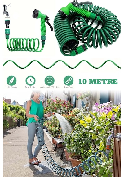 Spiral Hortum Seti Bahçe Balkon Sulama Hortum 10 Metre Bağlantı ve Sprey Dahil AE108