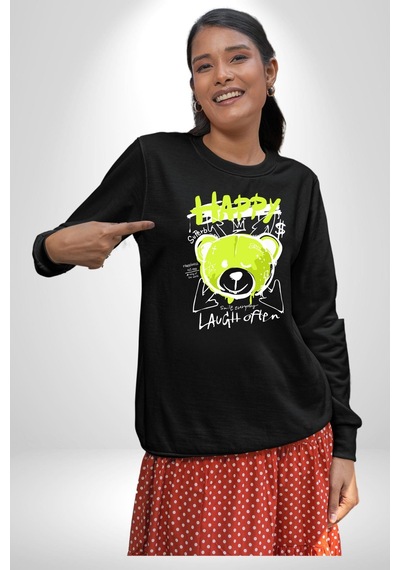 Sık Sık Mutlu Gülmek Teddy Bear Unisex Siyah Sweatshirt Siyah