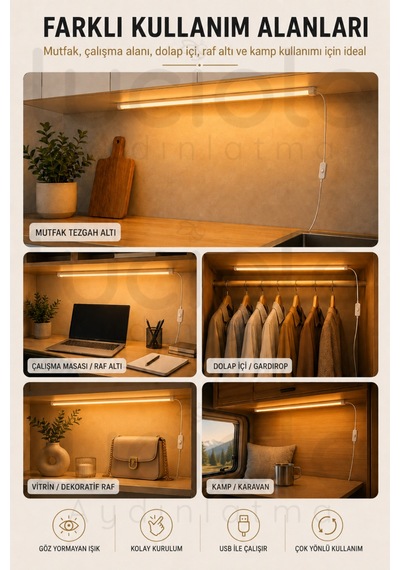 100 Cm Usb Tezgah Altı Led Bar Lamba Amber Işık Aç/kapa Anahtarlı Yapışkanlı Dolap Raf Aydınlatma