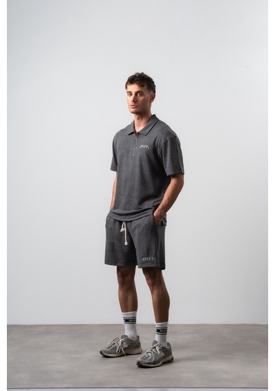 Erkek 2flyy Yazılı Yarım Fermuarlı Regular Fit T-shirt Şort Takım Siyah