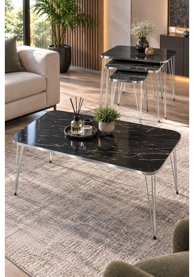 Sulorahome Siyah 4'lü Sehpa Seti Gümüş Metal Ayaklı