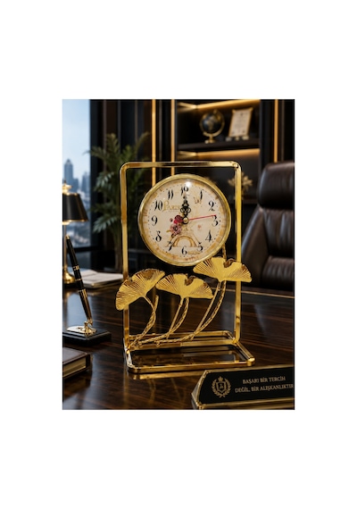 Gold Metal Çerçeveli Paris Manzaralı Ginkgo Yapraklı Dekoratif Masa Üstü Saat Ve Biblo 24x16 Cm Saat Seçeneği-Saatli