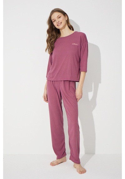 Siyah İnci Soft Touch Ince Örme Nakışlı Pijama Takım Vişne Çürüğü