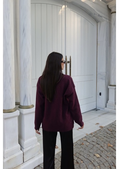 Kechi Woman V Yaka Oversize Triko Kazak Bordo