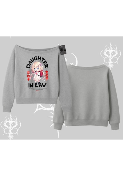 Startmore Kayık Yaka Sweatshirt Anime Girl Daughter In Law Baskılı Gri