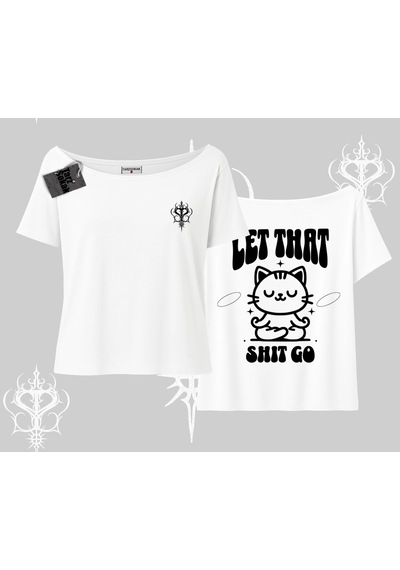 Tarzsokak Meditasyon Yapan Kedi Baskılı Kayık Yaka Tshirt Beyaz