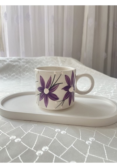 Çiçekli Mor Kupa Bardak Çay Kahve Fincanı 200 Ml Mor