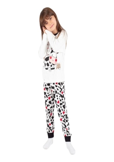 İnekli Maskeli Kız Çocuk Pijama Takımı Beyaz