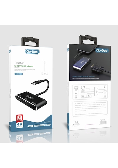 Go Des GD-8761 Type-C to HDMI 4K & VGA & Aux Dönüştürücü Adaptör USB 3.0 - Siyah ZORE-260173