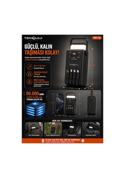 50.000 Mah Powerbank 22.5w Hızlı Şarj Lcd Ekran 4 Çıkış 4 Kablo Kamp Işıklı Taşınabilir Batarya Siyah
