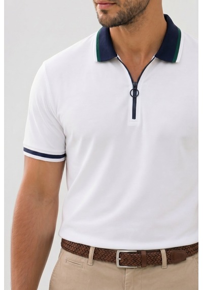 Tudors Erkek Slim Fit Dar Kesim %100 Pamuk Kısa Kollu Yarım Fermuarlı Beyaz Polo Yaka Tişört-50744