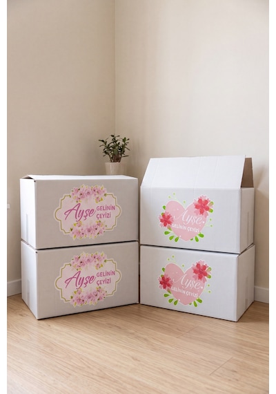 Kişiye Özel Çeyiz Kolisi Seti 52x35x28 Cm 10 Adet Beyaz Bc Dalga Koli + 10 Adet İsimli Sticker Diğer
