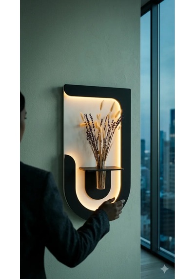 Akasya Ahşap Pilli Ledli İskandinav Tarzı Salon Duvar Rafı Modern Çiçeklik 40 X 75 Cm Parisgrisi - Antrasit