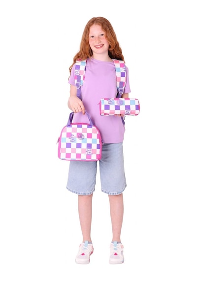 Kaukko Nature Üçlü Kız Çocuk Okul Çanta Seti - Pembe - Dama Desenli Pembe - Mor