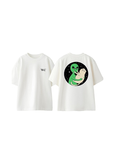 Thewert Alien And Cat Tasarım Sırt Baskılı Pamuk Beyaz Oversize T-shirt