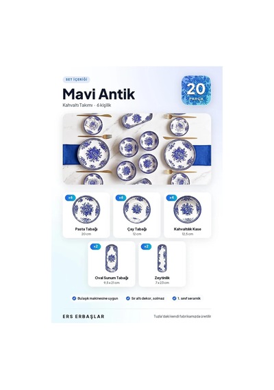 Mavi Antik 20 Parça 6 Kişilik Lüx Kahvaltı Takımı, Kahvaltı Seti Diğer
