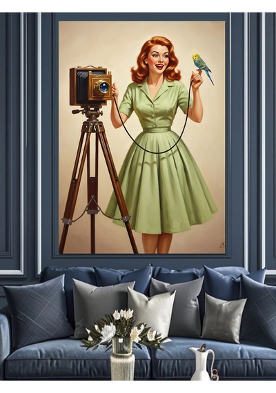 Fotoğrafçı Kadın Retro Kıyafet Dekoratif Kanvas - Mdf Ahşap Tablo