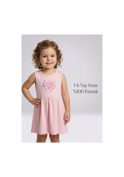 Ketbaby Kız Çocuk Kalp Desenli Pembe Elbise 1-6 %100 Pamuklu 1-6 Yaş Pembe Pembe