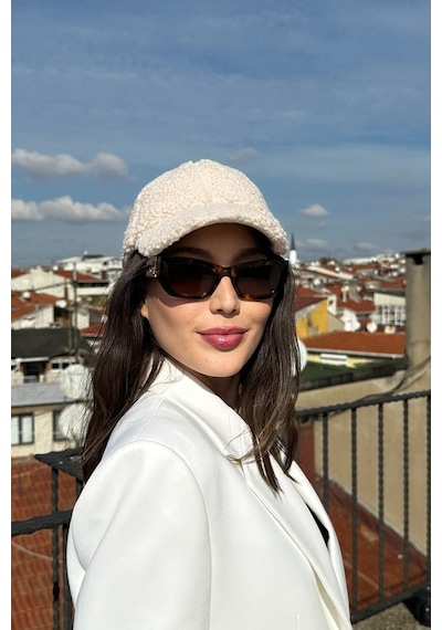 Mollycrush Kadın Teddy Dokulu Kışlık Kadın Vizör Şapka Yumuşak Kuzu Kürk Görünümlü Model Beyaz