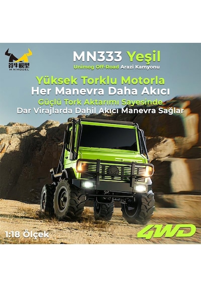 Mn Model Mn333 1/18 Mercedes Unimog U4000 4wd Rc Crawler Offroad Uzaktan Kumandalı Araba Arazi Aracı Model Car Truck Rtr Yeşil Mn-333 +dahili Işık Seti